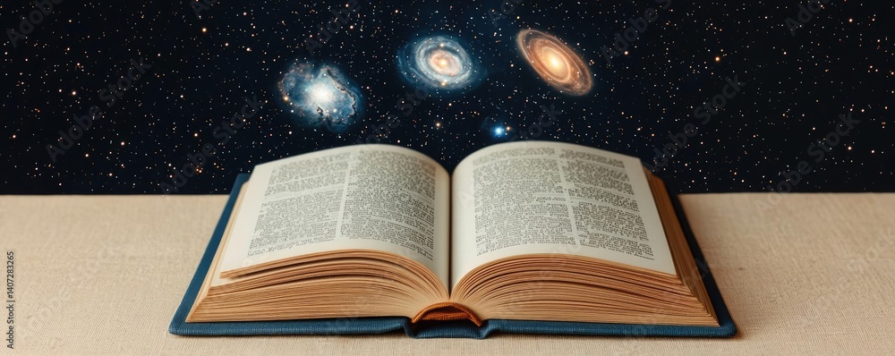 Aufkleber open book under starry sky connecting space and knowledge concept. an open book revealing galaxies, 