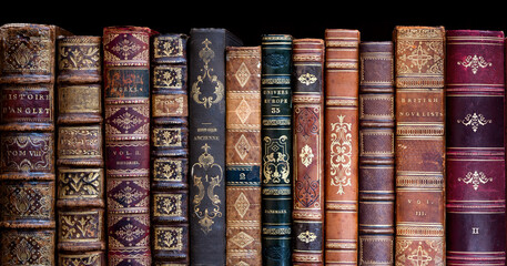 Old books on wooden shelf. Many of beautiful retro book covers, skins. Bookshelf history theme grunge background. Concept on the theme of history, nostalgia, retro. © Tryfonov