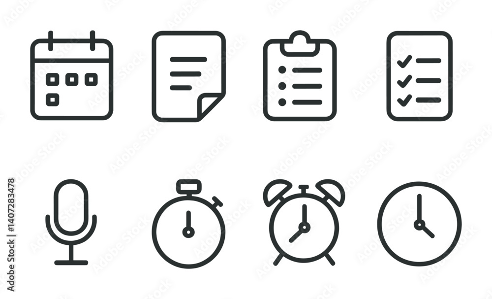 Poster outline vector icons of phone productivity: calendar, notes, reminders, to-do list, voice memo, time