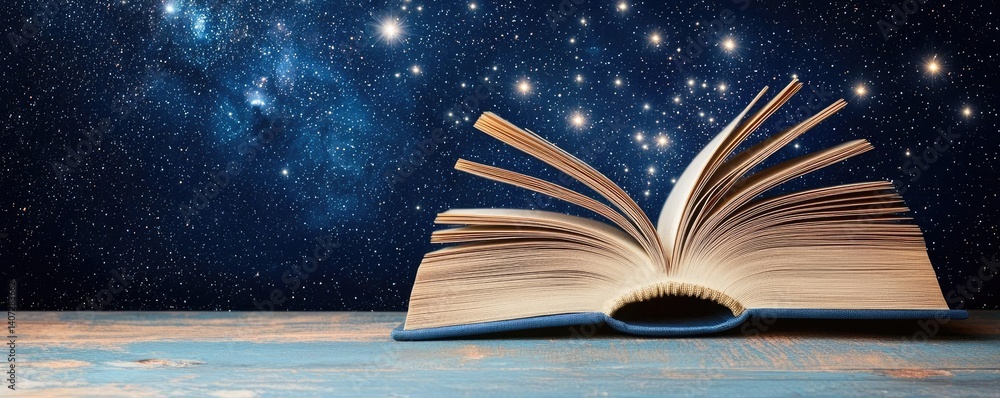 Poster open book under starry sky unveiling galaxy of imagination concept. a mystical open book with starli