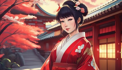 Animestyle Cosplay Geisha in Red Kimono Amidst a Vibrant Blossom Backdrop, Radiating Elegance and Enigma in a World of Color and Illusion