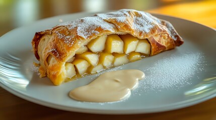 Apple strudel with flaky crust and powdered sugar, sliced and served with vanilla sauce on a clean plate, warm light and detail
