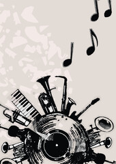 Music background with  music instruments and vinyl record disc vector illustration. Music festival poster with double bell euphonium, violoncello, trumpet, piano, euphonium, sax and guitar	