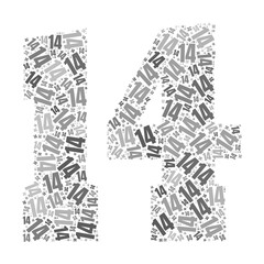 Grayscale word cloud forming the number 14, with repeated text in various sizes.