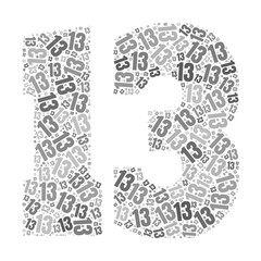 Grayscale word cloud forming the number 13, with repeated text in various sizes.