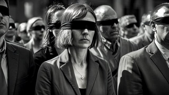 Camera Zoom on Blindfolded Woman Standing in Blindfolded Crowd Concept