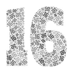 Grayscale word cloud forming the number 16, with repeated text in various sizes.