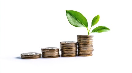 Growing investment, coins stack, plant sprout, white background, financial growth, illustrative, perfect for presentations, inspirational, good for websites