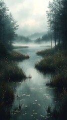 Foggy River Landscape with Trees and Tall Grasses 
 Serene and Mysterious Nature Scene

