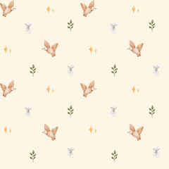 Elegant pattern featuring birds and leaves on a soft beige background