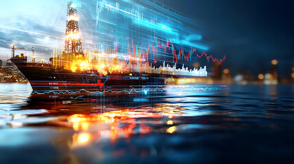 Fototapeta premium Oil rig operations modern shipping routes digital data visualization urban waterfront aerial perspective technology impact