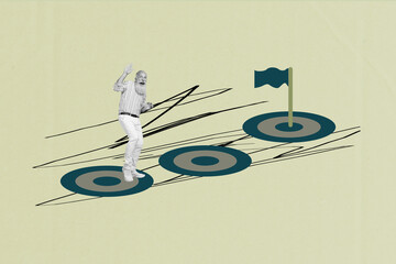 Banner collage of person stand near huge dart target over pastel background