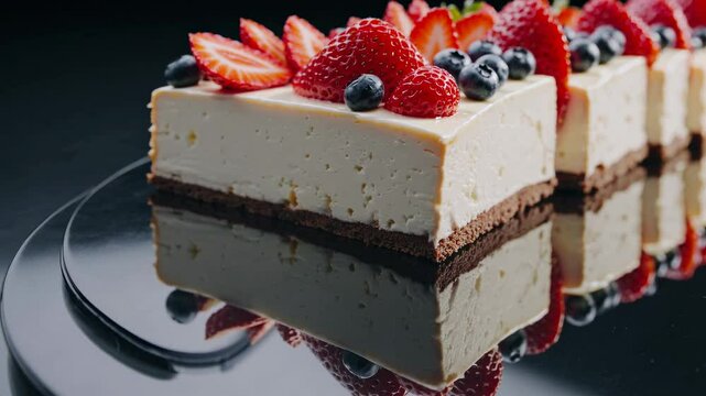 Elegant cheesecake slices with fresh strawberries and blueberries on display