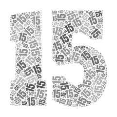 Grayscale word cloud forming the number 15, with repeated text in various sizes.