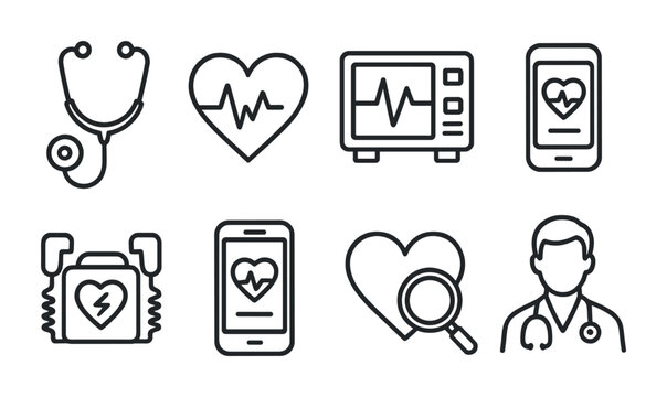 outline vector icons of medical heart tools: stethoscope, heart monitor, ECG machine, pulse oximeter, defibrillator, heart rate app, heart checkup, cardiologist. No text. The icons should be clean.