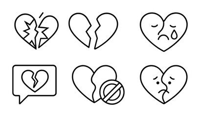 outline vector icons of broken love: shattered heart, heart pieces, heart crack, crying heart, breakup message, blocked heart, sad emoji heart, love loss. No text. The icons should be clean. isolated