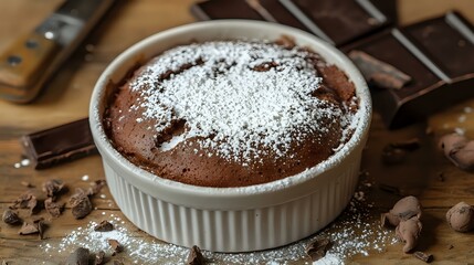 Chocolate souffle with rising center and powdered sugar, served in ramekin with natural shadows and soft tones