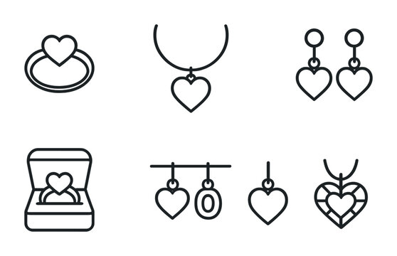 outline vector icons of heart rings and jewelry: heart ring, heart necklace, bracelet with heart, earrings with heart, jewelry box, love charms, heart pendant, diamond heart. No text. The icons
