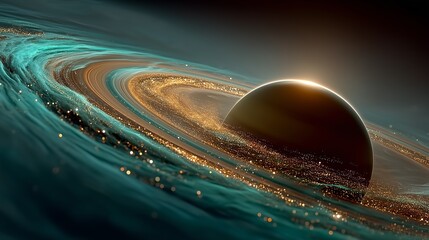 enigmatic planet dust rings space minimalist style vibrant colors cosmic landscape surreal dark backdrop