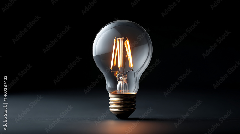 Poster a single lit led filament light bulb on a dark surface with a black background showing the glow