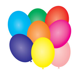 Balloons 3D bunch set, thread, isolated white background. Color glossy flying baloon, ribbon, birthday celebrate, surprise. Helium ballon gift. Realistic shape, design happy bday. Vector illustration