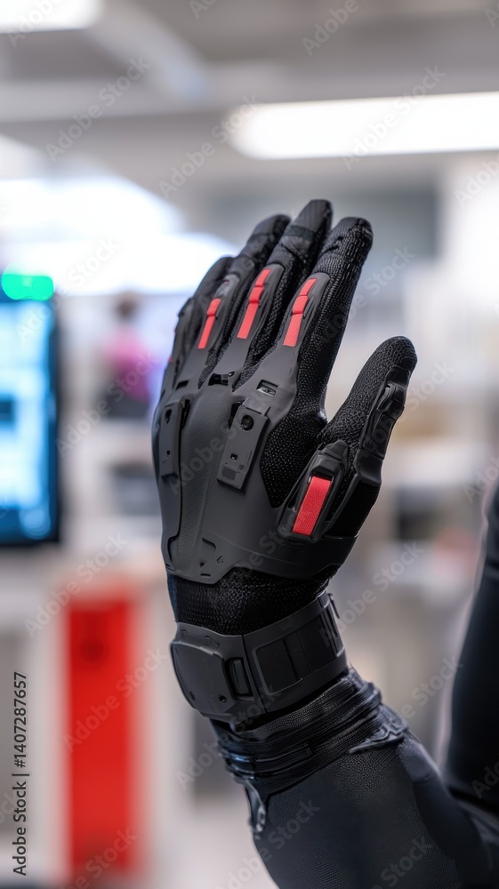 Poster advanced robotic glove demonstration technology lab product showcase indoor close-up innovation in r