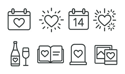 outline vector icons of anniversary and celebration: calendar heart, celebration heart, anniversary date, heart fireworks, champagne with heart, memory book, milestone heart, shared photo heart. No