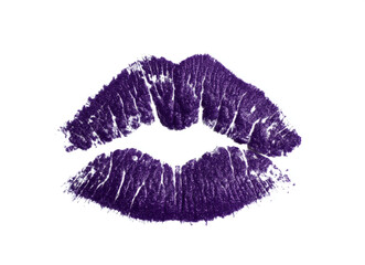 Purple lipstick kiss isolated white background