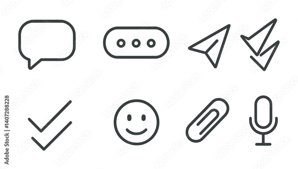 Poster outline vector icons of messaging features: chat bubble, typing dots, sent message, received message