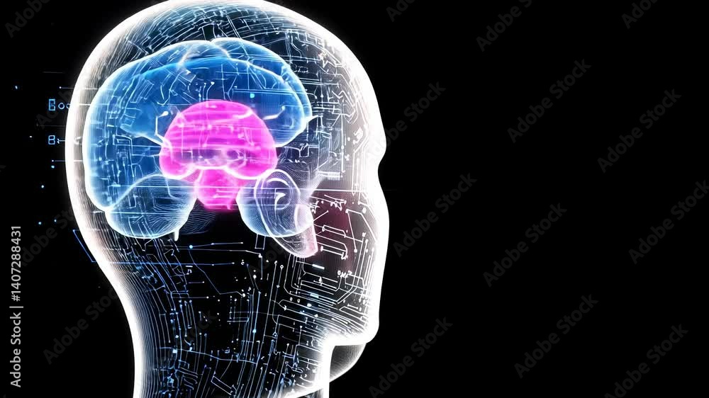 Poster artificial intelligence forming a woman face with data connections, in background glowing circuits a