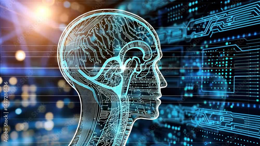 Poster artificial intelligence forming a woman face with data connections, in background glowing circuits a