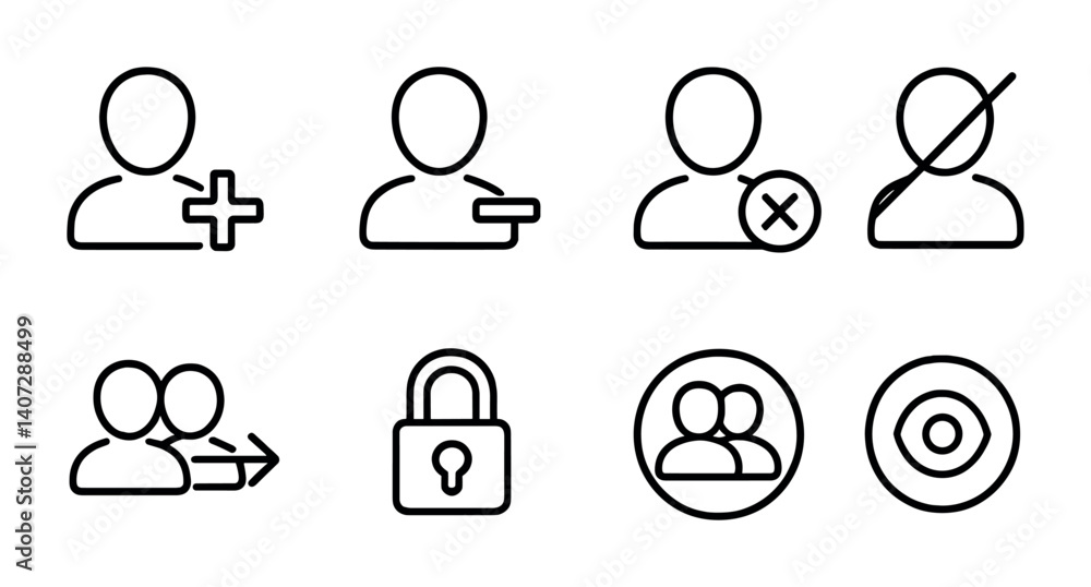 Poster outline vector icons of follower management: new follower, remove follower, block user, mute user, f
