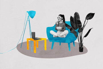 Trendy art creative photo collage of happy businesswoman businessman freelancer sit chair laptop flower pot office indoor