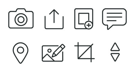 outline vector icons of content creation: camera, upload, add post, write caption, location tag, edit image, crop, filters. No text. The icons should be clean. isolated transparent background. Line