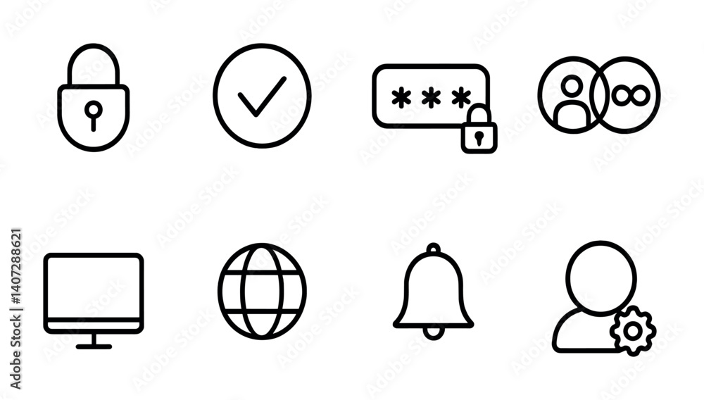 Poster outline vector icons of system preferences: toggle, options, default settings, user accounts, permis