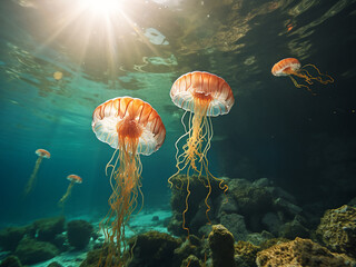 Jellyfish bloom drifting translucent bodies pulsing sun rays streaming peaceful scene