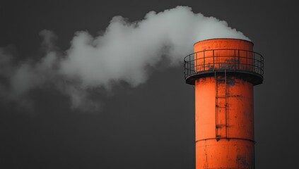 Orange industrial chimney emitting smoke against a dark sky environmental pollution.