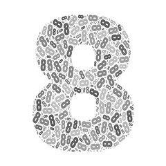 Grayscale word cloud forming the number 8, with repeated text in various sizes.