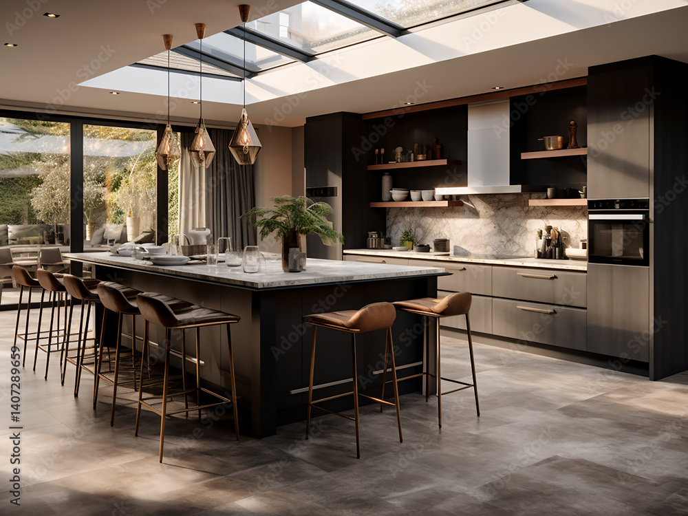 Poster kitchen island extends with generous seating enabling comfortable gatherings in entertaining area