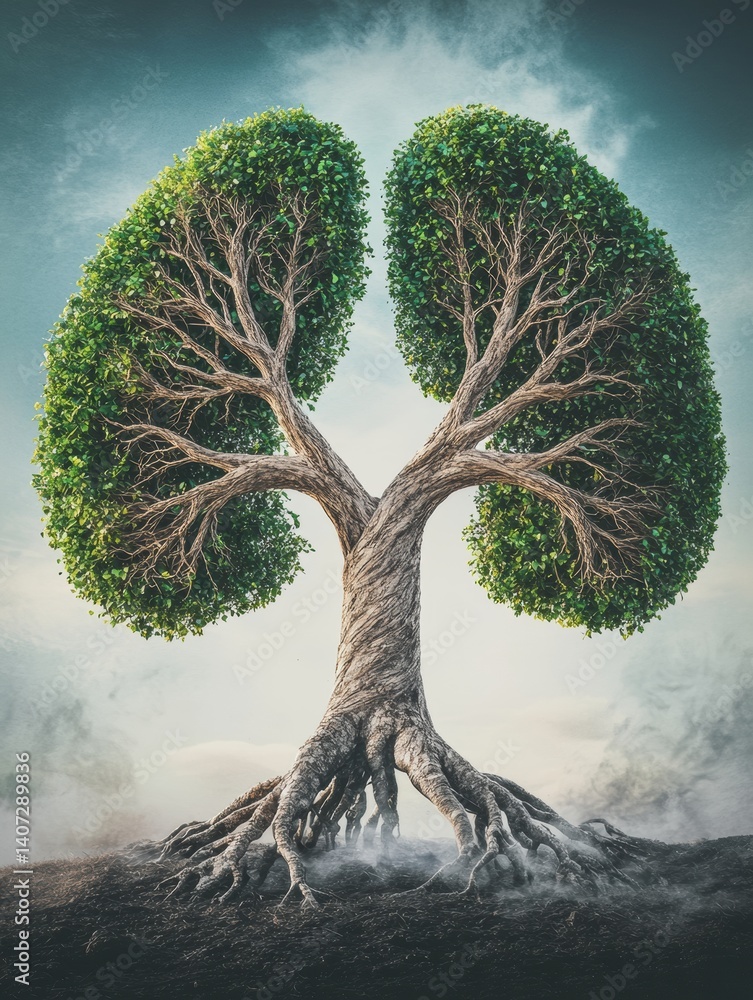 Poster unique tree shaped like human lungs represents the connection between nature and breath in a serene 