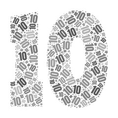 Grayscale word cloud forming the number 10, with repeated text in various sizes.