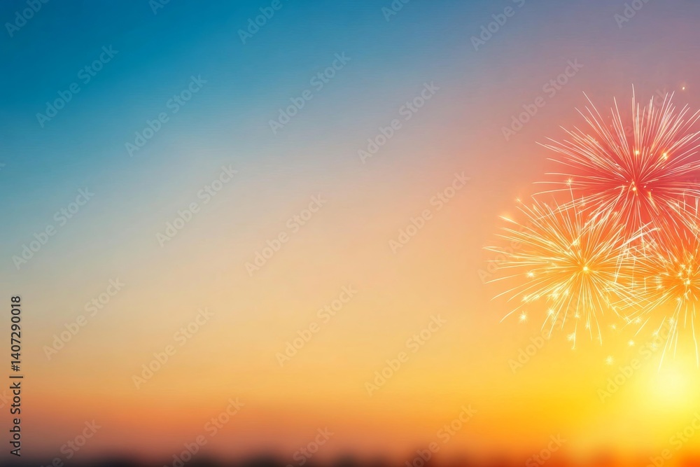 Poster fireworks explode in bursts of color, creating a festive mood as the night sky transitions from deep