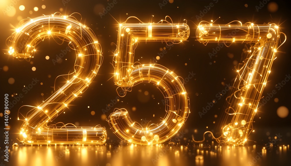 Poster glowing number creation of 257 symbol with lights and festive sparkles