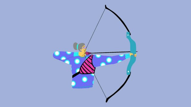 Cartoon Animation Female archer with bow and arrow aiming at target and ready to shoot. Relaxing archery activity.