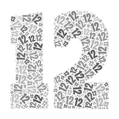 Grayscale word cloud forming the number 12, with repeated text in various sizes.