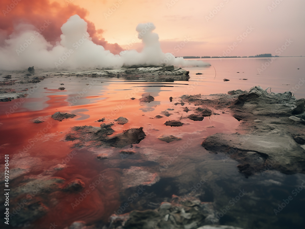 Aufkleber visible lake pollution showing clear problems that demand urgent intervention and change