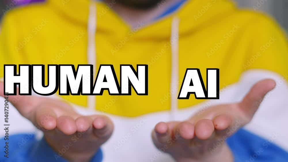 Poster human ai choice text appearing on male hands and tracking with up and down movement. visual illustra