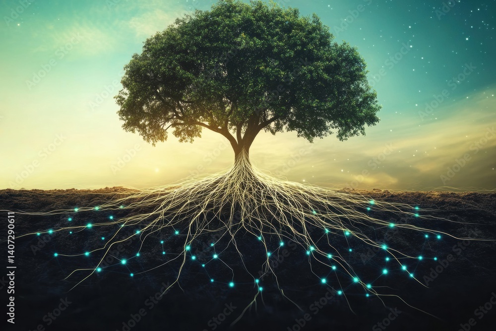 Leinwandbilder tree with roots resembling a neural network symbolizing organic intelligence in a serene landscape a