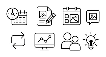 outline vector icons of phone notifications: bell, message alert, calendar reminder, email alert, social media alert, push notification, app badge, silent mode. No text. The icons should be clean.