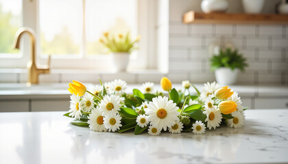 Elegant spring flower wreath on marble countertop, floral freshness